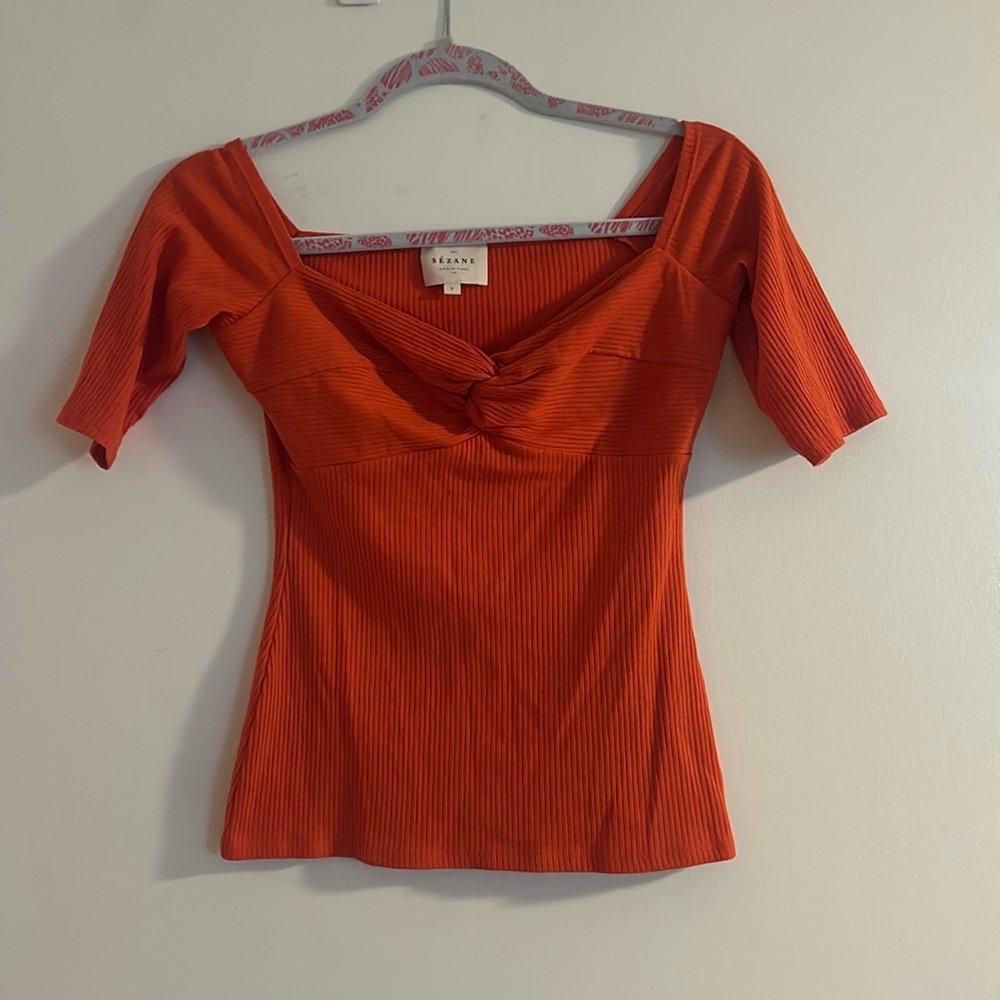 Sezane Orange Ribbed Knit Top